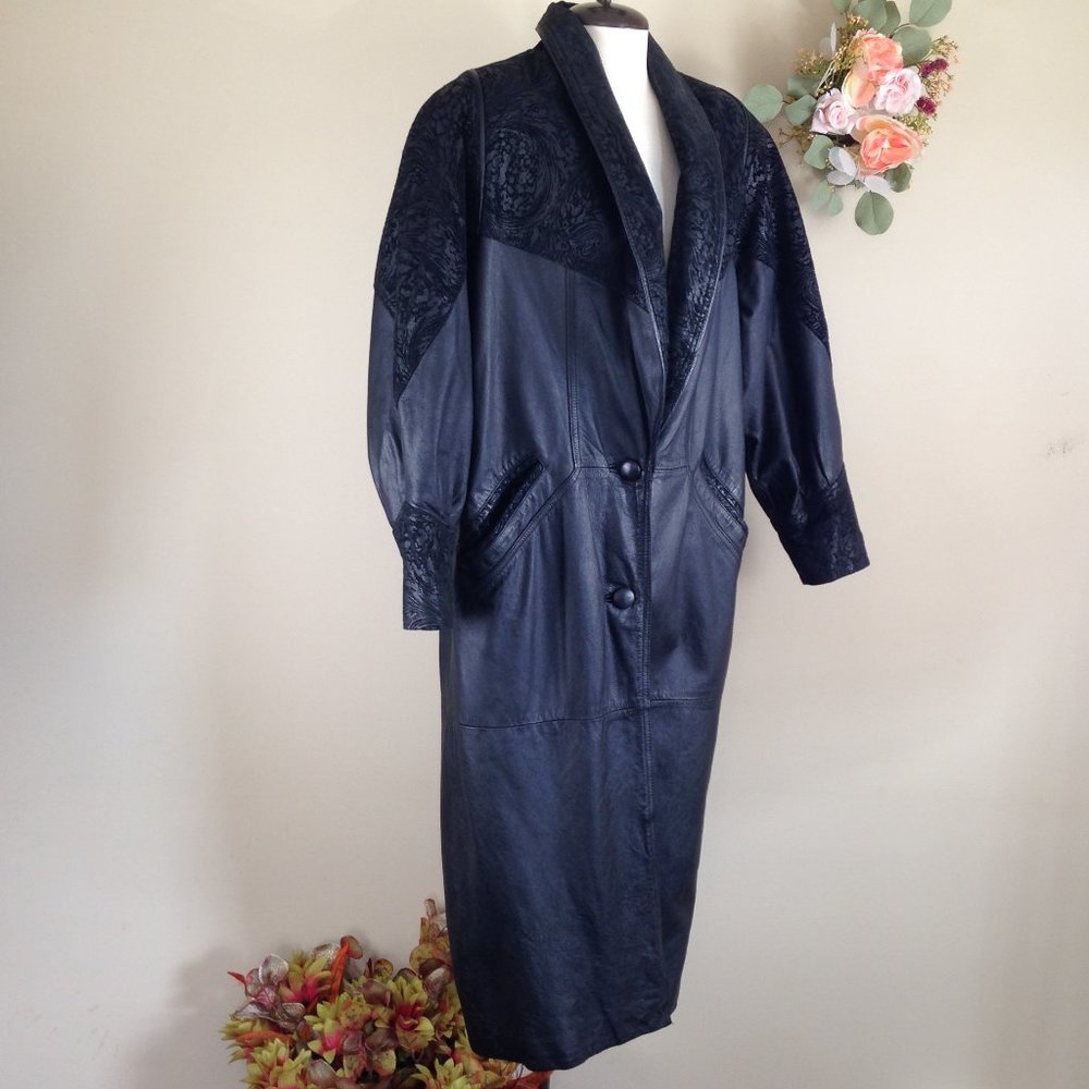 Vtg. Outbrook Leather Black Long Jacket-Trech Coat